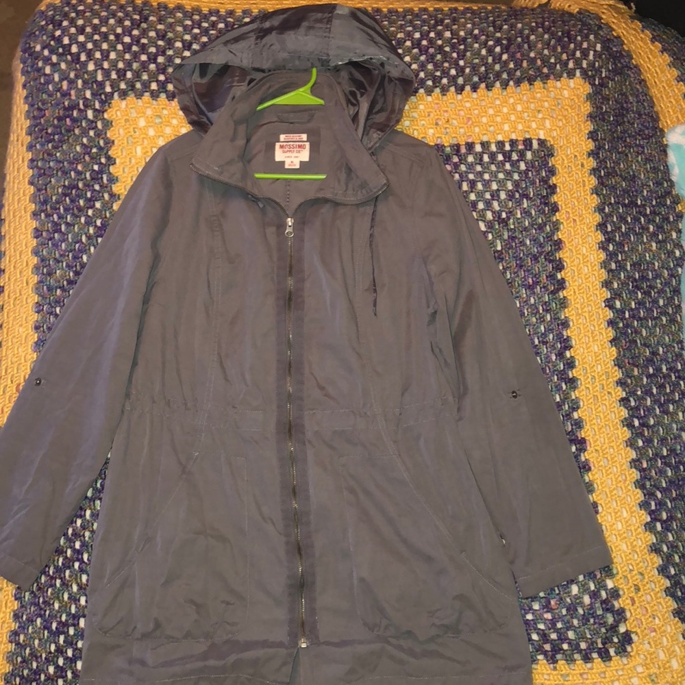 Gray hooded jacket.